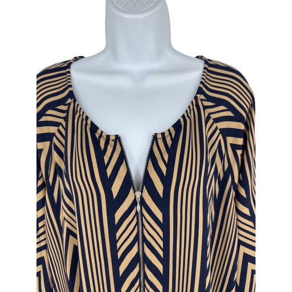 Chico's Chevron Print Navy & Beige  Zip Front 3/4 Sleeves Blouse Size 2 US L - Picture 2 of 9